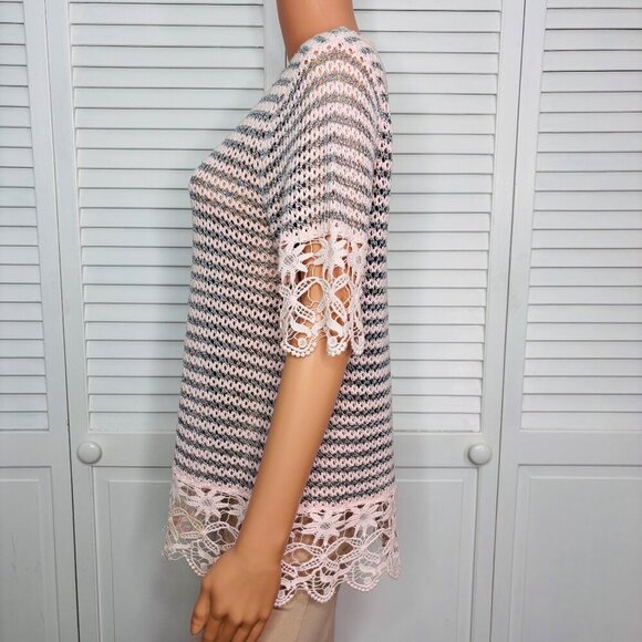 LEO & UGO Short Sleeve Striped Knit Sheer Sweater Size 8 - Picture 3 of 8